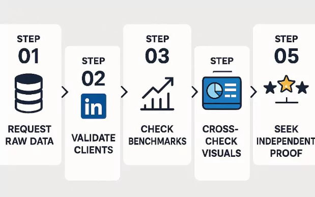Flowchart of five steps to verify digital agency case studies: raw data, client validation, benchmarks, visual checks, and independent proof.