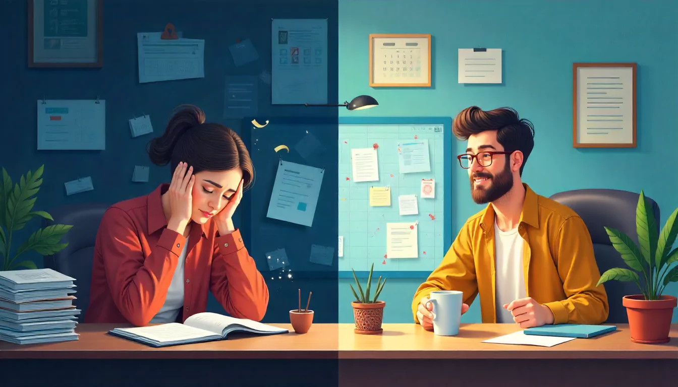 Two professionals in different moods. Unplanned vs planned workload comparison illustration.