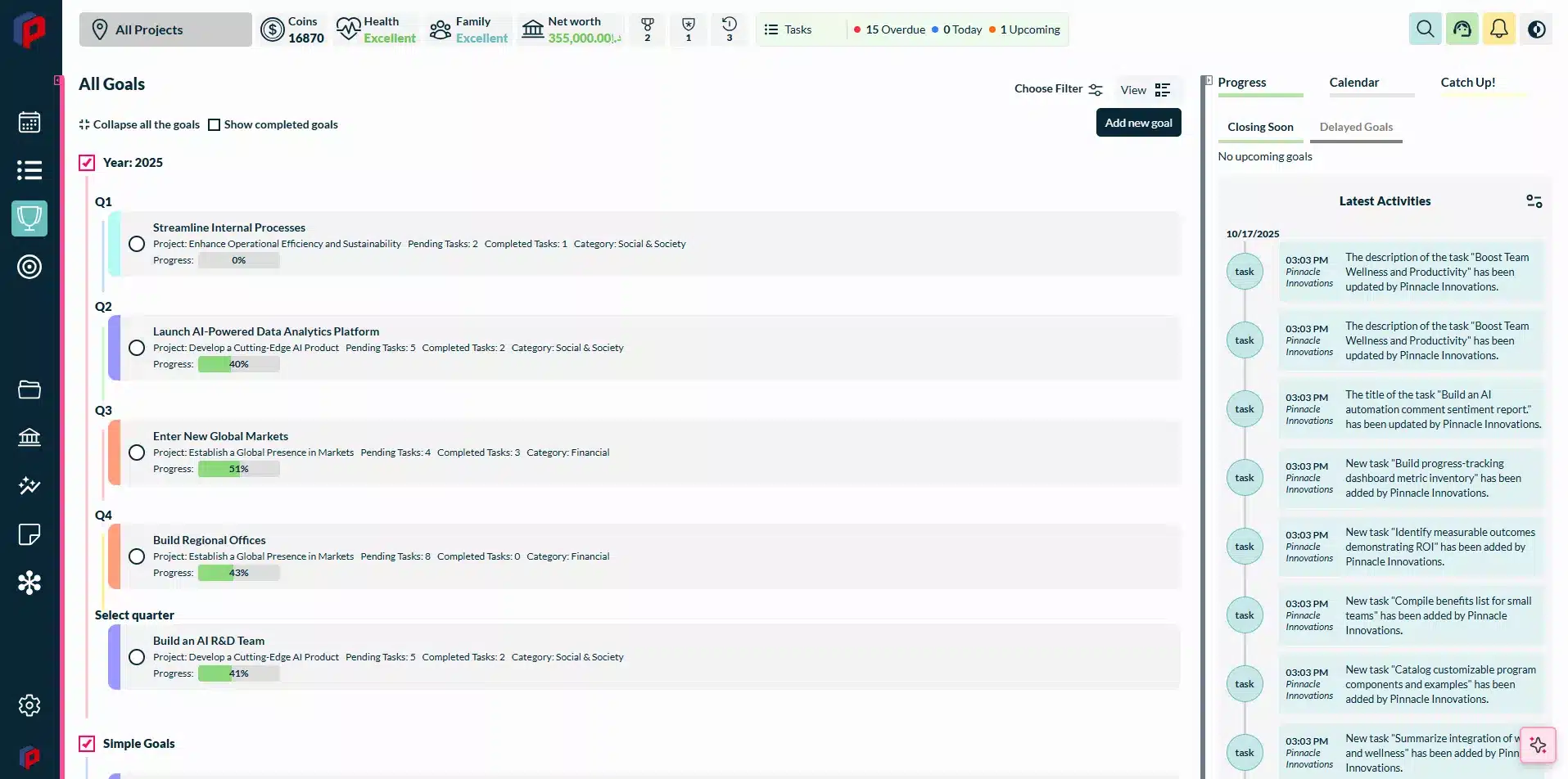 Screenshot of goals dashboard with AI-powered features in Siddhify.