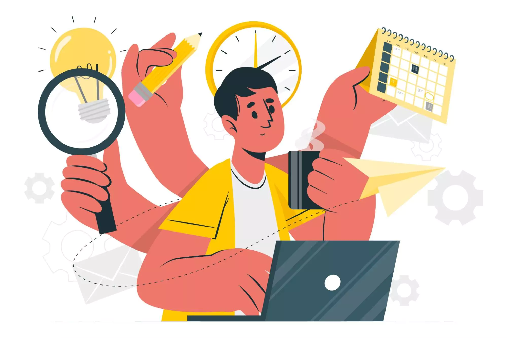 Vector style image of small business owner struggling to be productive