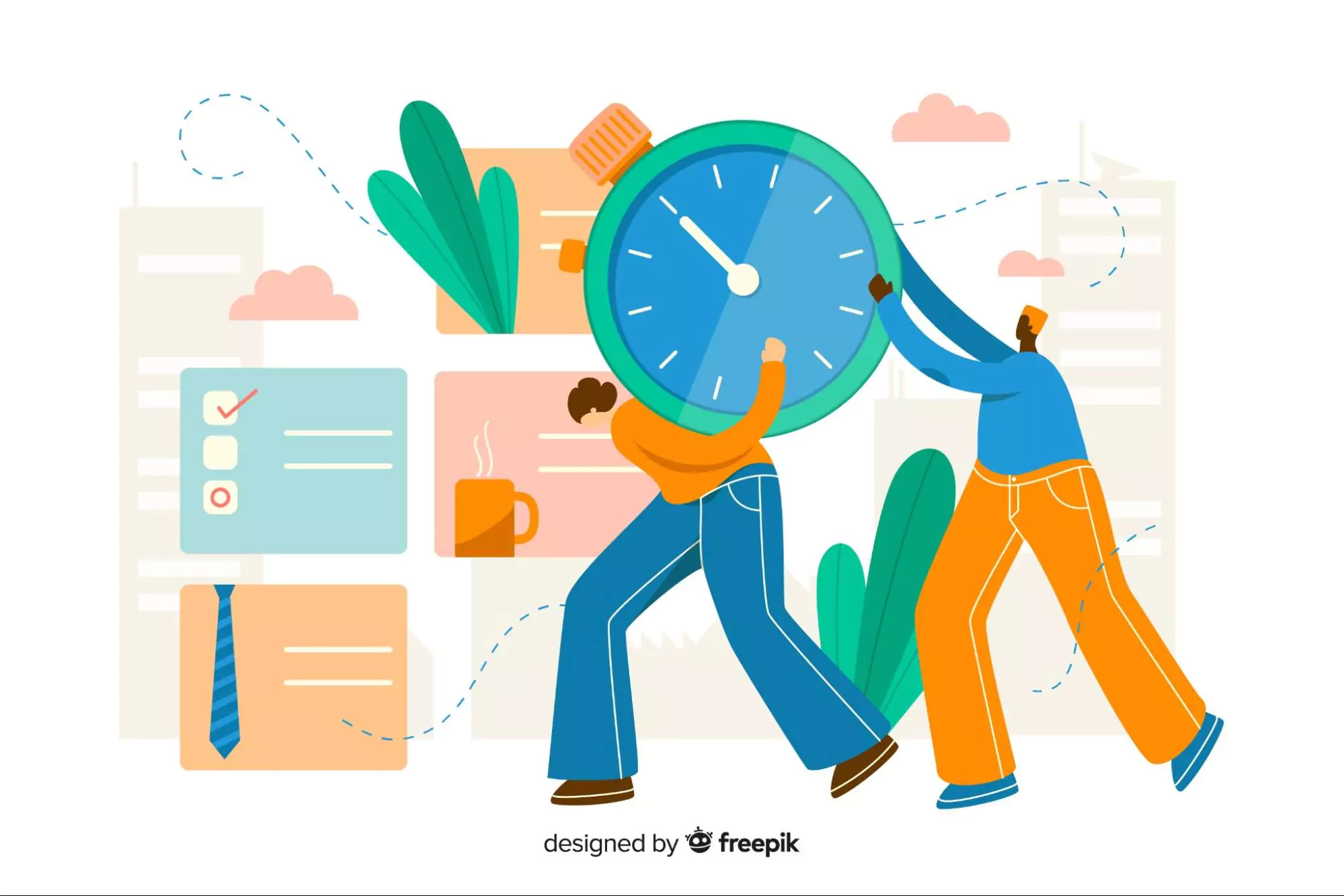 Colorful illustration of two people holding a large stopwatch surrounded by task icons and checklists, representing strategies for effective time management and how to be time efficient in daily tasks.
