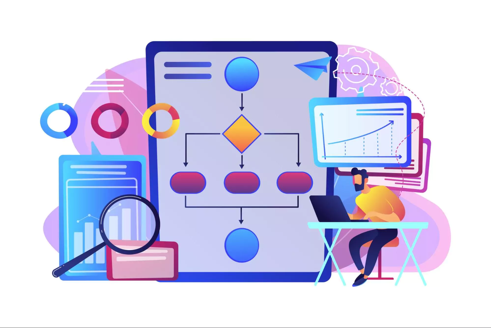 Illustration of a project manager learning about dependencies in project management.