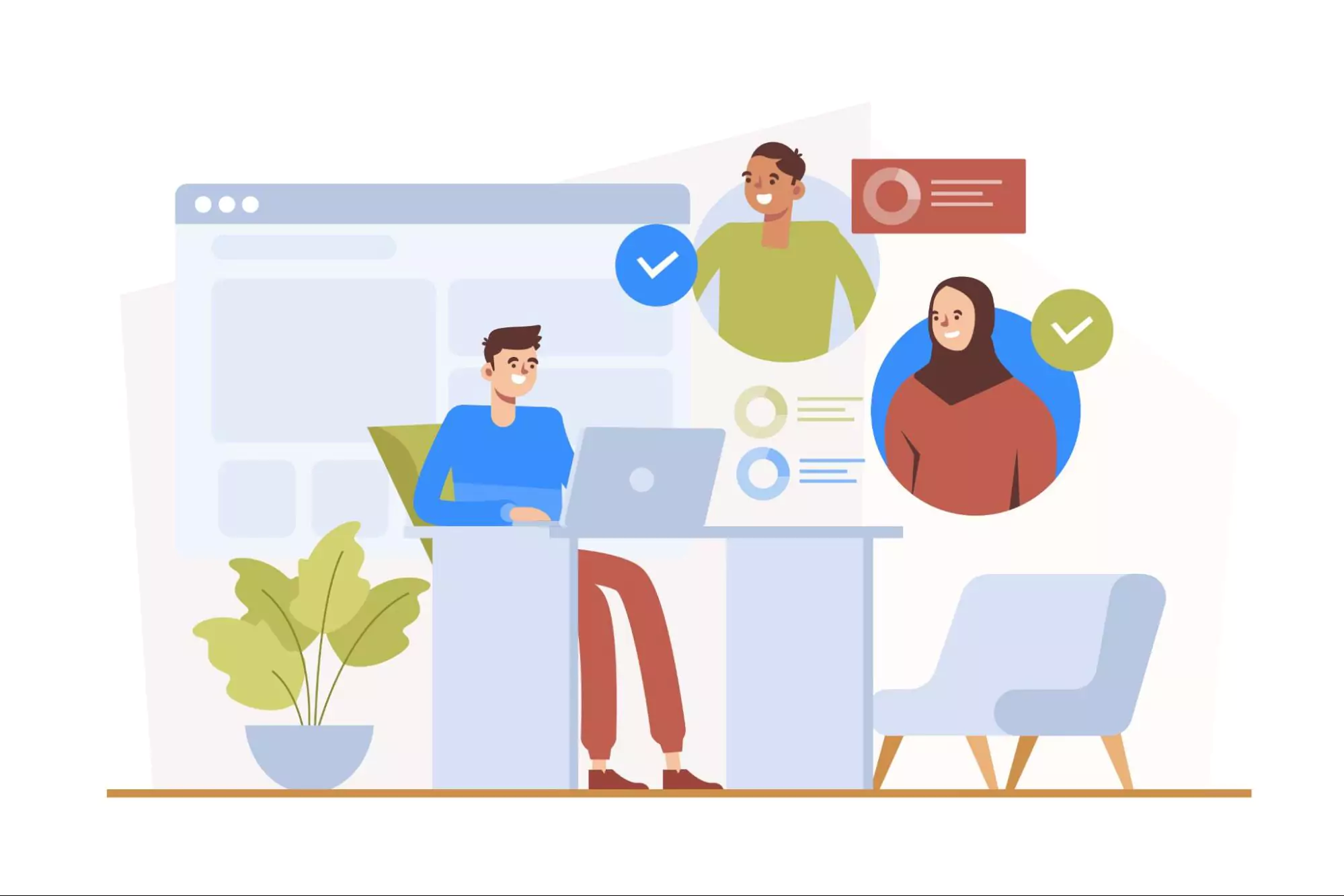 Illustration of a client manager working online with clients from different countries