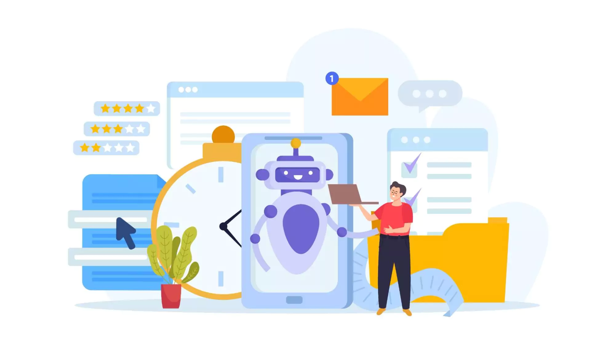 Illustration of a small business owner using a digital assistant on a smartphone surrounded by checklists, clocks, and rating icons, highlighting the use of AI marketing tools in marketing for small business.