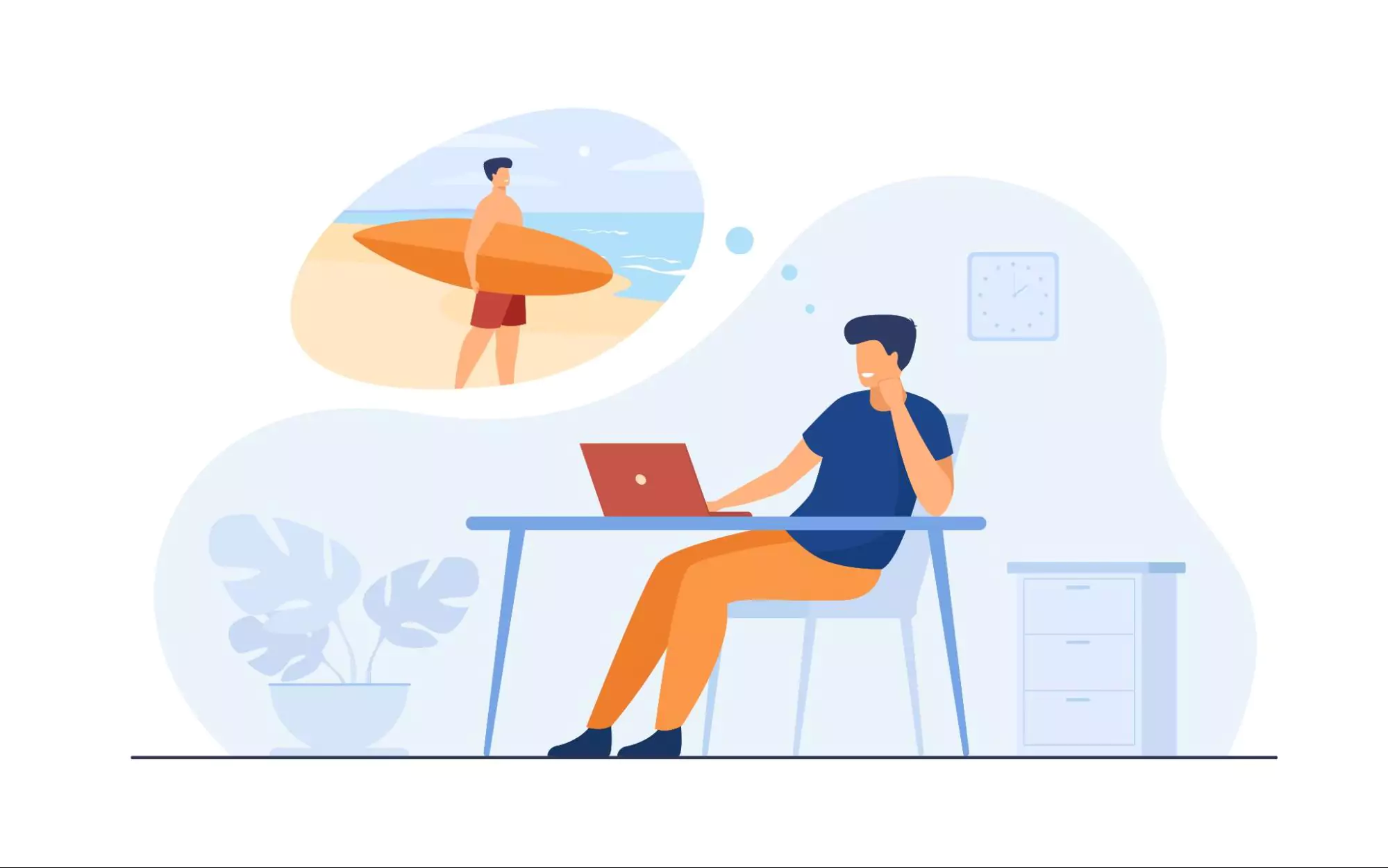 Illustration of remote worker thinking about going to the beach after work