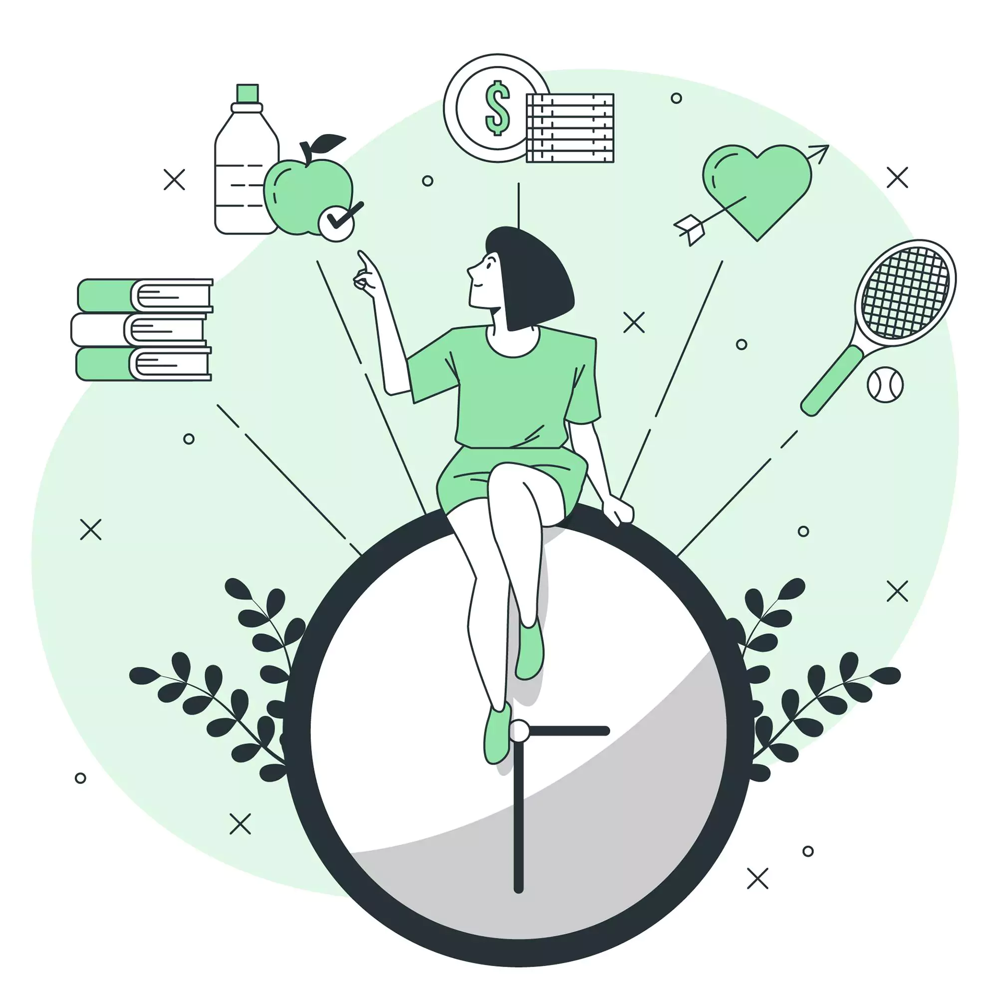 Illustration of a female entrepreneur balancing between work and healthy hacks