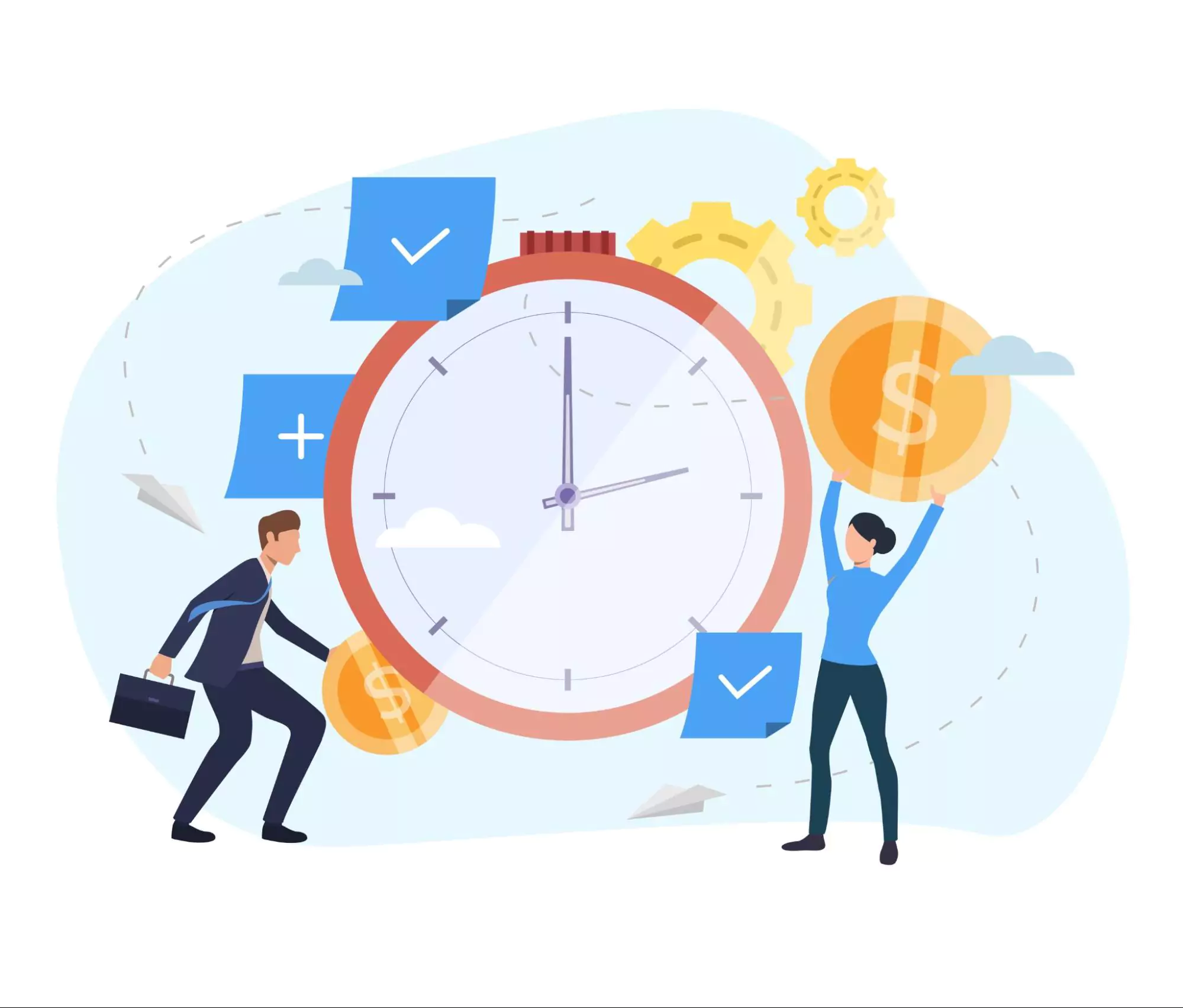 Illustration of a businessman and businesswoman managing time and money around a large clock, symbolizing how to be time efficient and improve time management skills in professional settings.