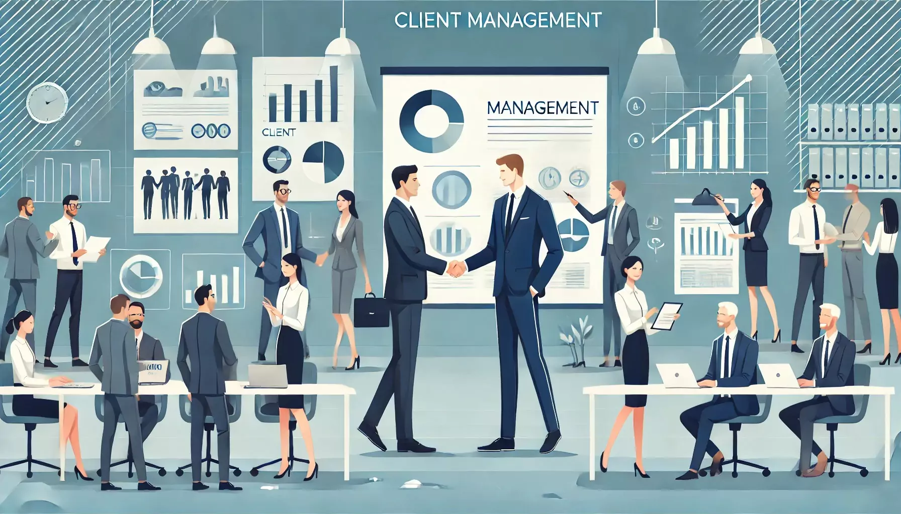 Vector-style illustration showcasing client management with a professional setting