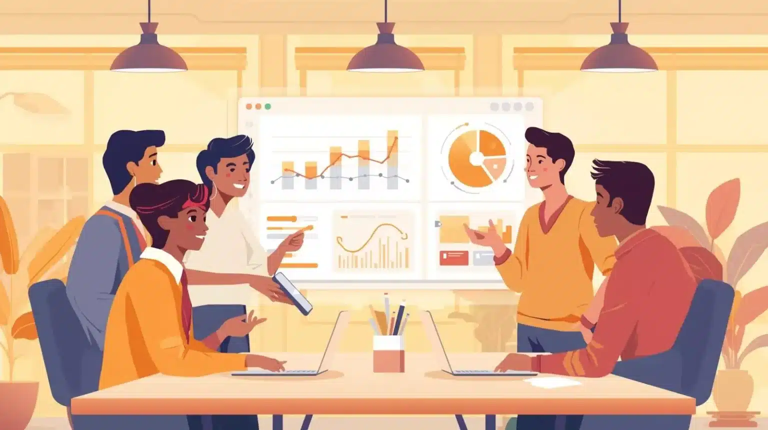 Diverse office team collaborating around a wellbeing dashboard showing productivity insights.