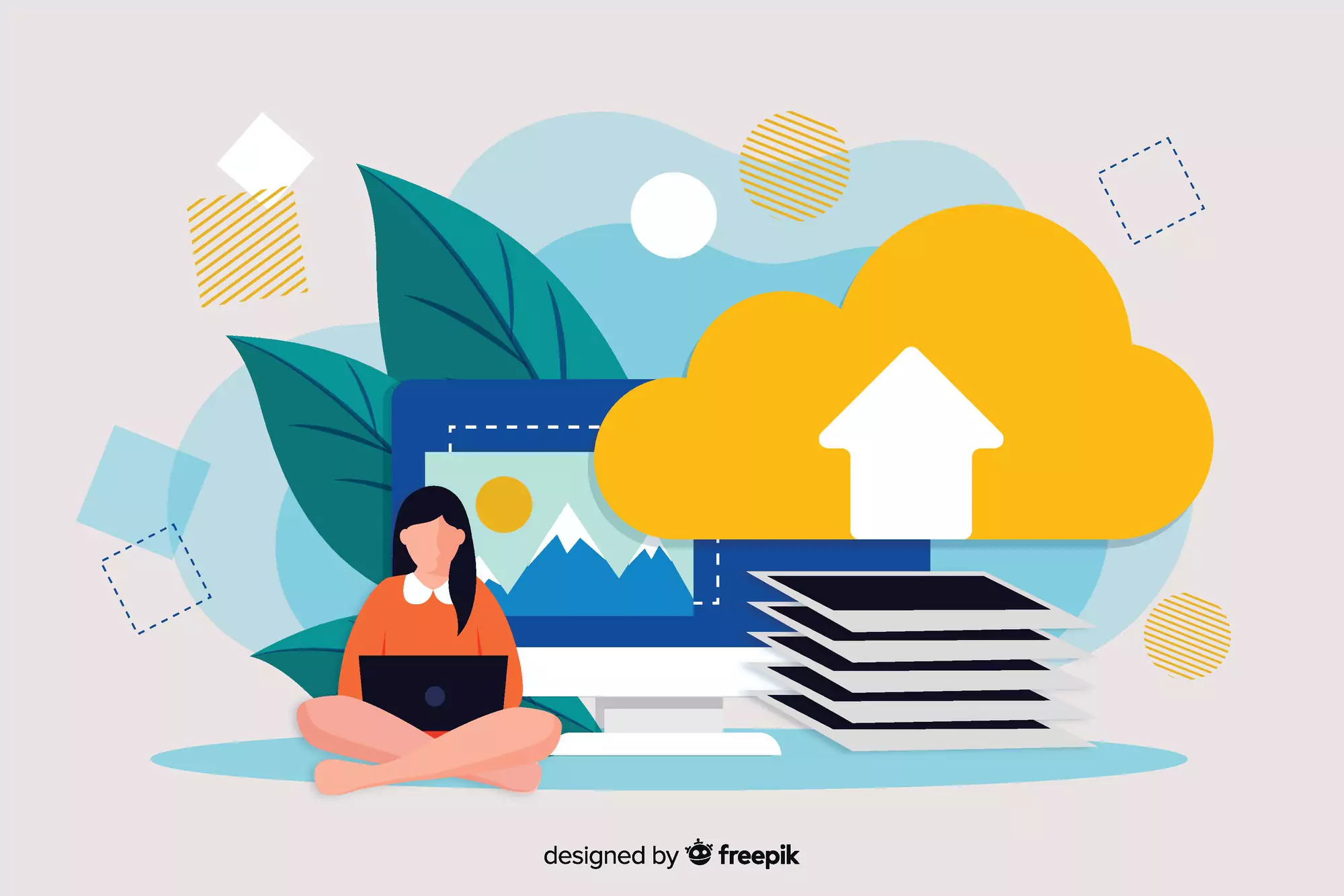 Illustration of a woman using a laptop in front of a monitor and a cloud upload icon, symbolizing cloud collaboration tools for file and image sharing.