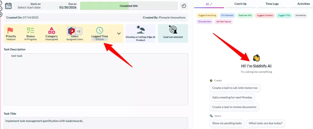 Screenshot of Siddhify's task control dashboard, featuring a Pomodoro timer and AI assistant, ideal for individuals and freelancers to stay on top of their projects.