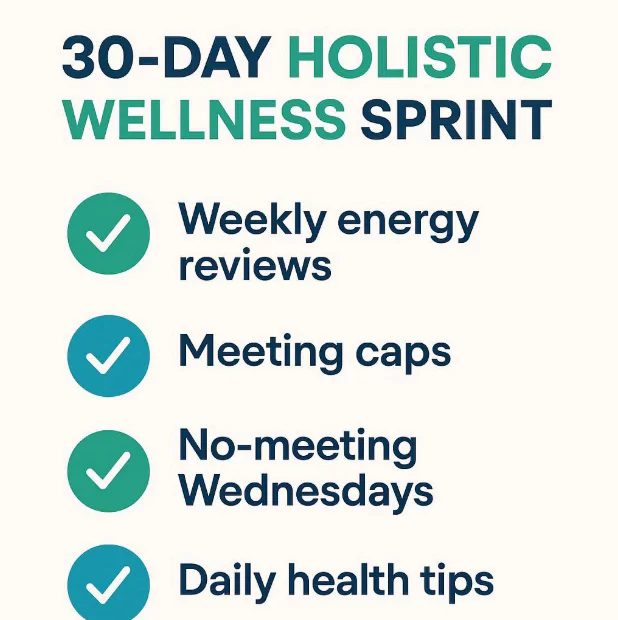 30-Day Holistic Wellness Sprint checklist for agencies with steps like energy reviews, meeting caps, and health tips.