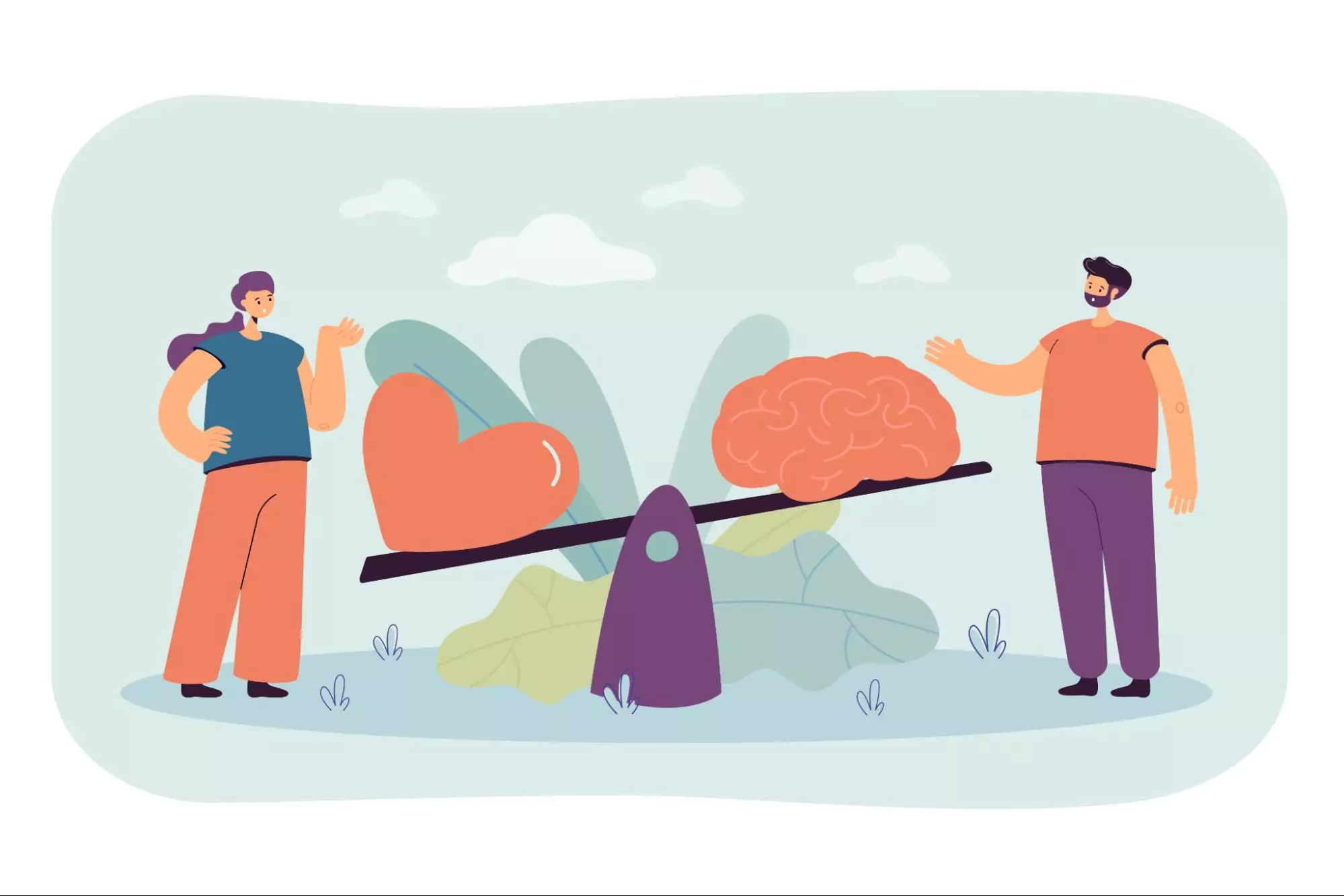 A conceptual illustration of a man and woman evaluating a heart and a brain on a seesaw, representing the balance between emotion and logic. This image emphasizes the importance of making decisions that help people remain balanced and lead a more balanced life.