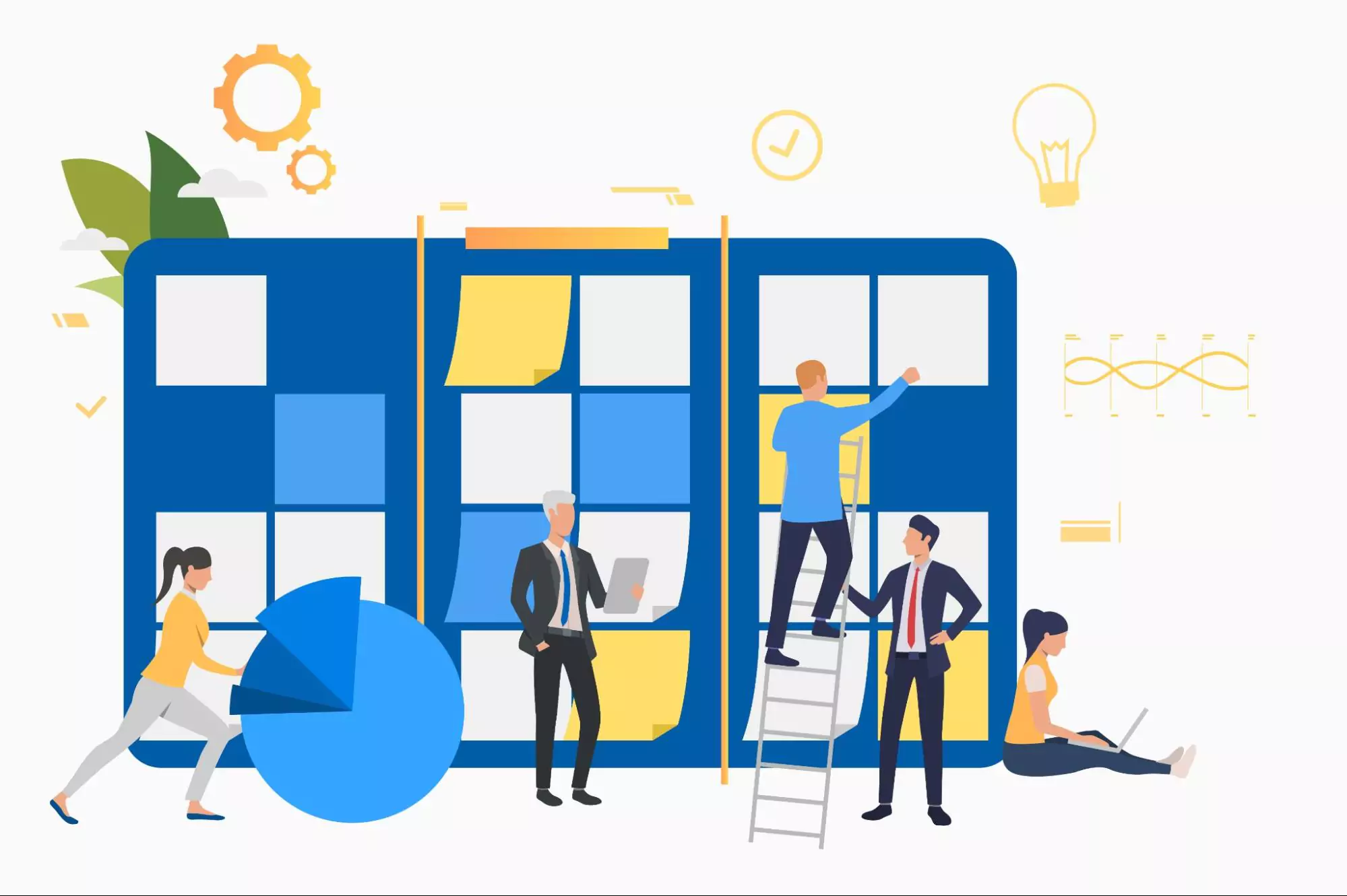 Illustration of a diverse team working with a Kanban board, sticky notes, and charts to manage tasks, representing collaboration using the best free apps for productivity and free productivity tools.