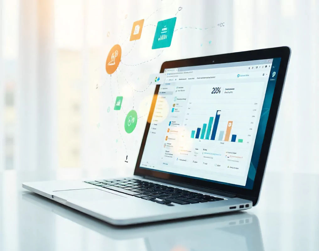 Laptop displaying a project management dashboard with charts and graphs, illustrating AI-powered project management assistant tools, resource allocation, and agency project workflows for digital and web agencies.