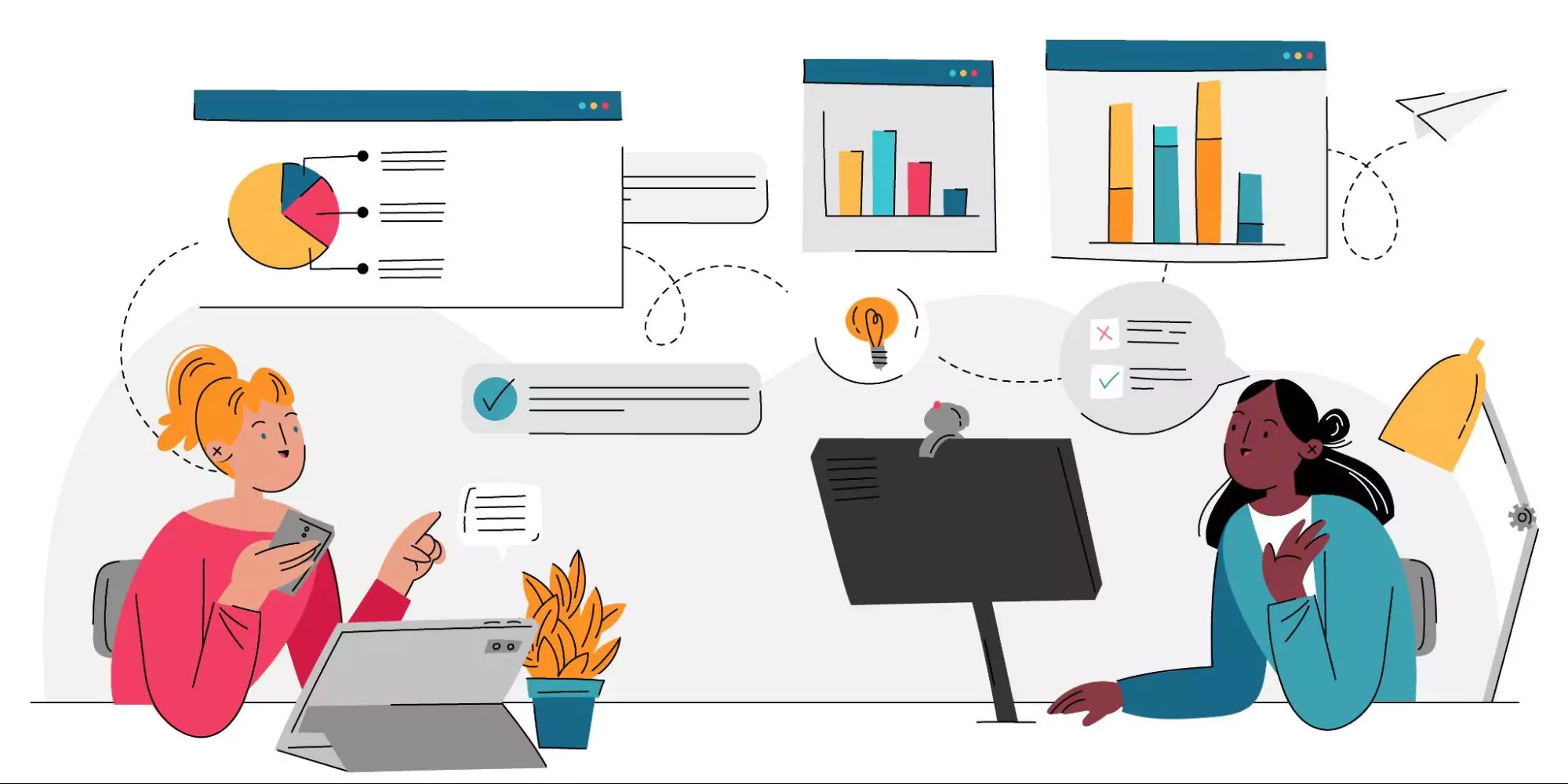 Illustration of two professionals working together on a project management plan.