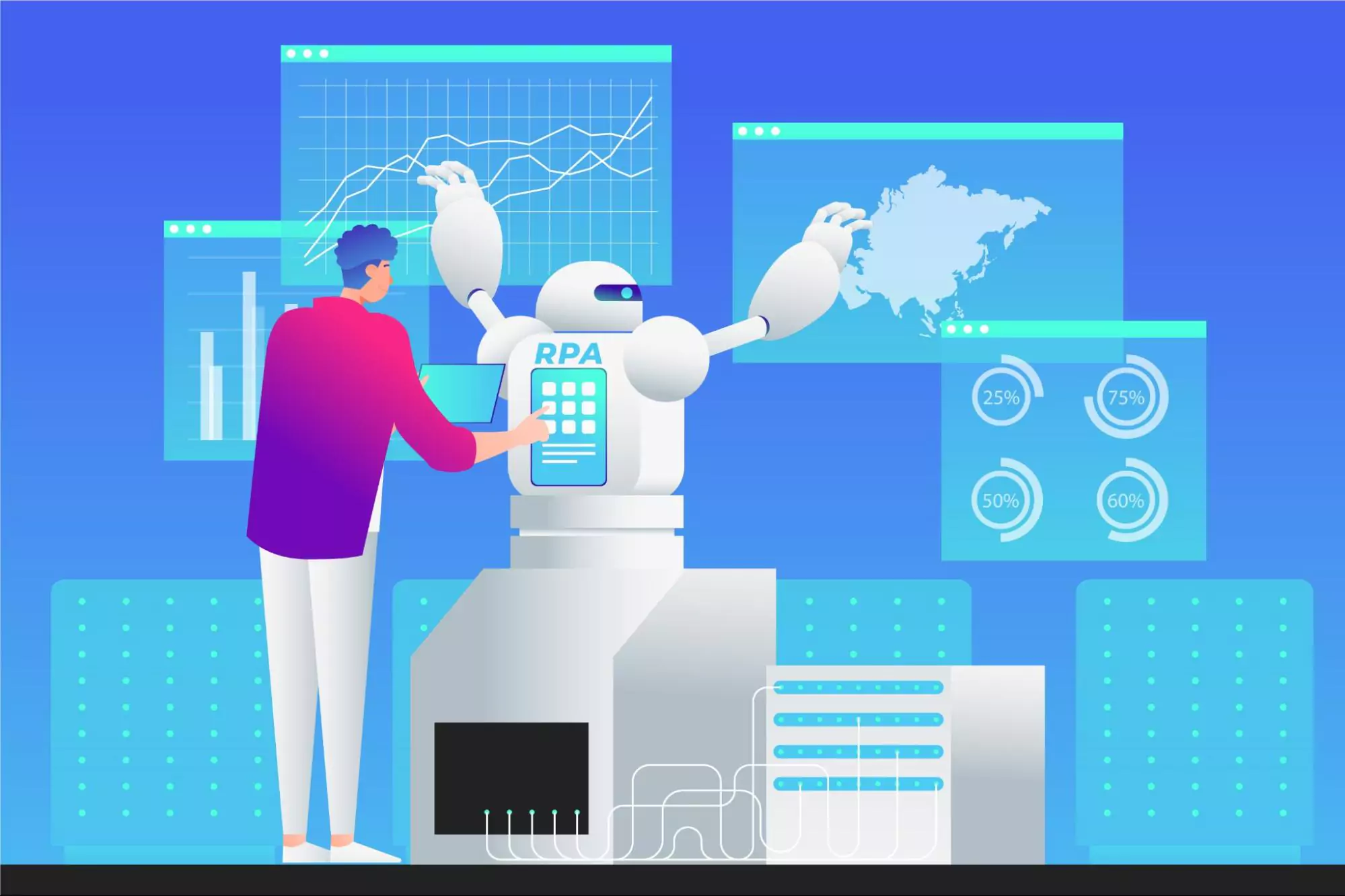 Illustration of a project manager working with AI tools.