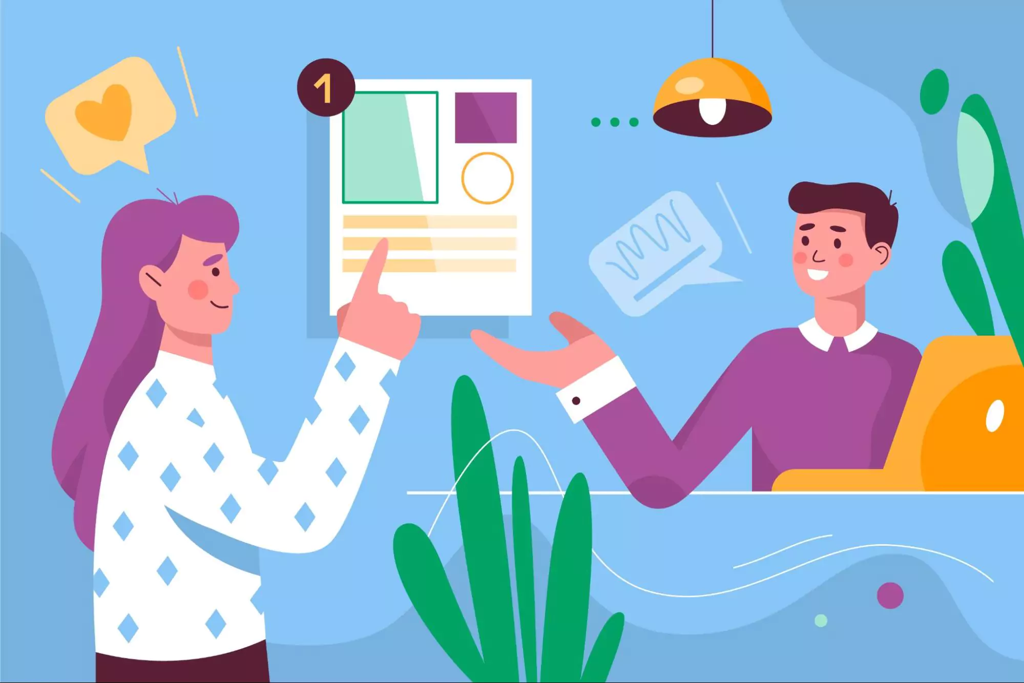 A man and woman discuss a document, focusing on client relationship strategies and insights.