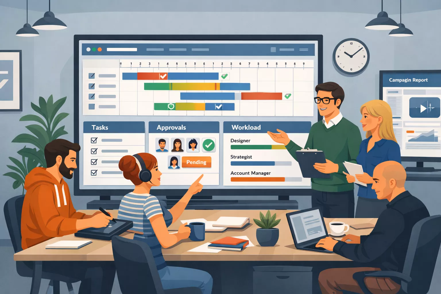 Advertising agency team using project management software to plan campaigns and manage creative workflows.