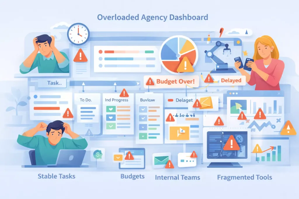 Common agency project management problems, including overcapacity and budget overruns.