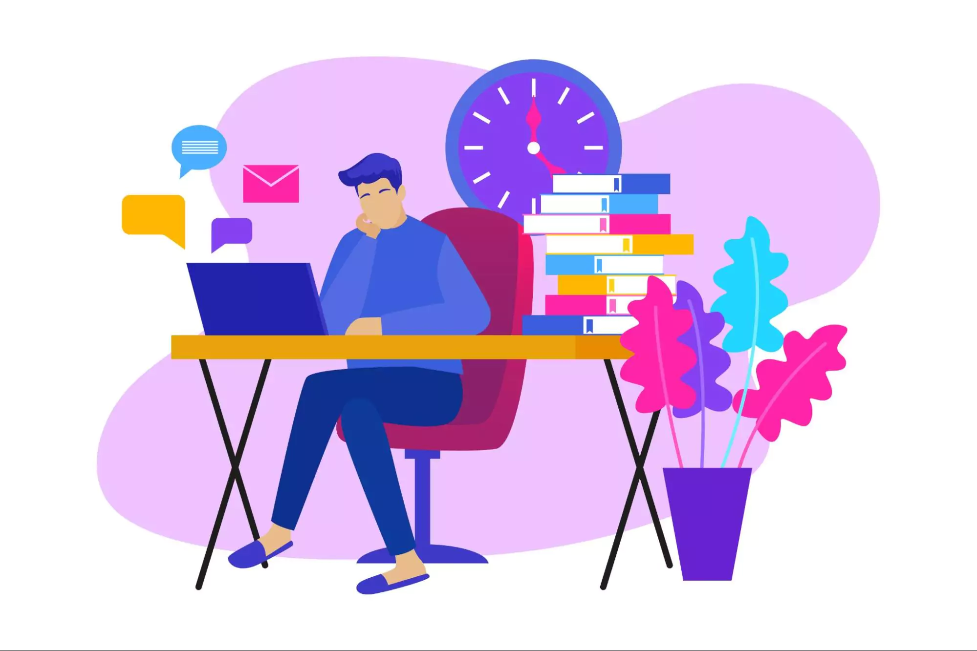 An illustration of a person sitting at a desk surrounded by books, notifications, and a clock, symbolizing the challenge of staying productive while trying to remain balanced in a busy work environment. Represents the need for a balanced life amid digital and professional demands.
