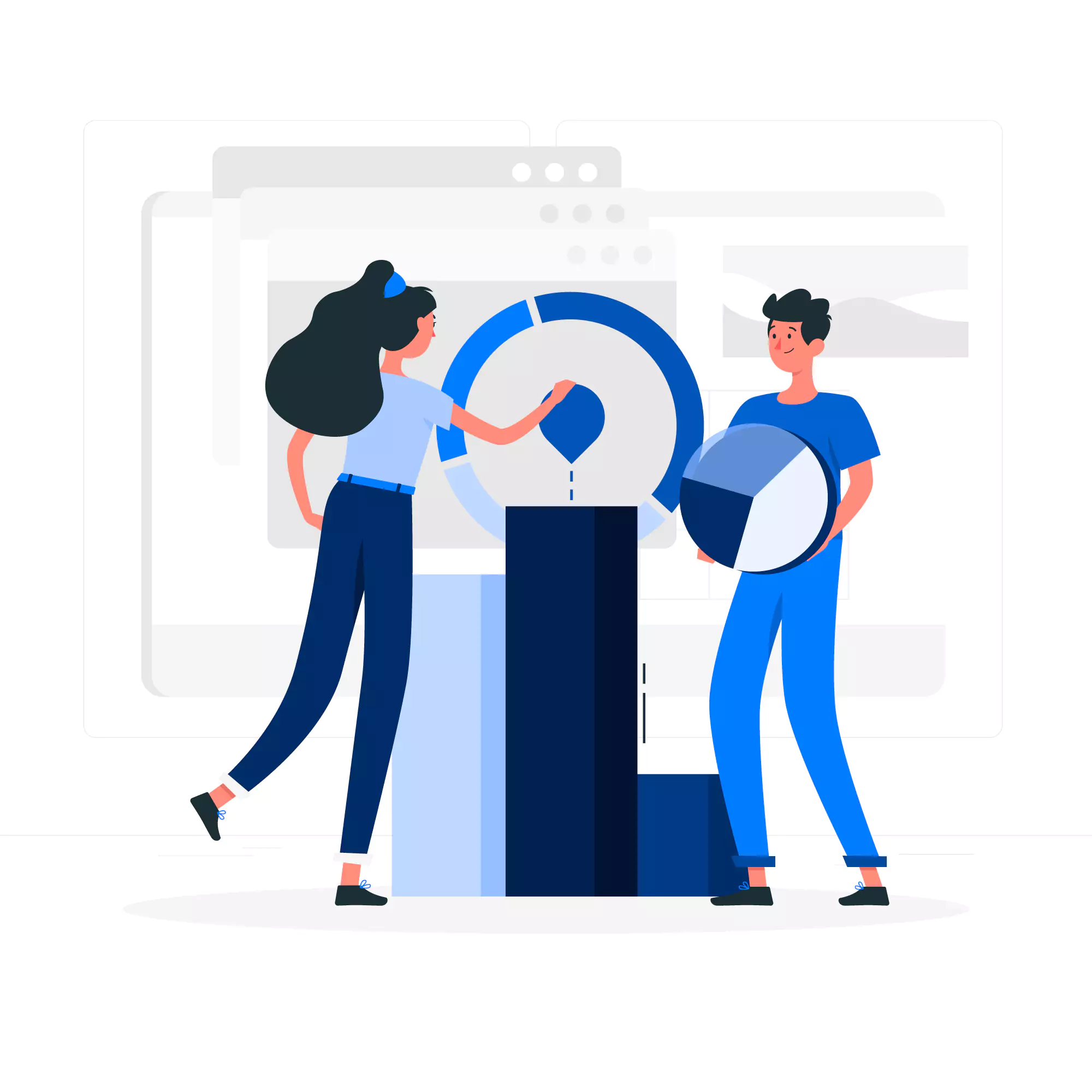 Vector illustration of two employees working together and analysing key performance metrics