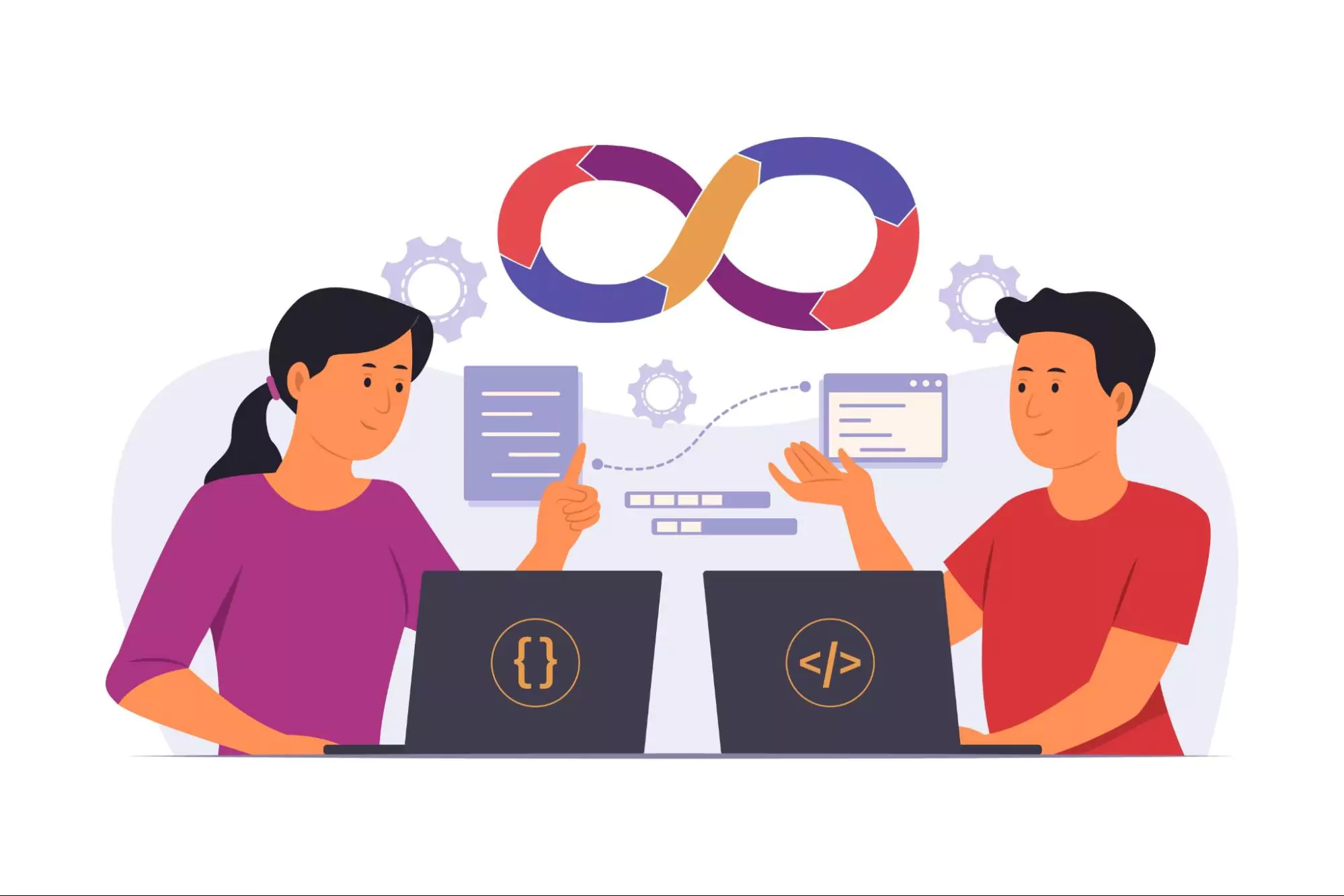 Illustration of two remote team members collaborating on the same software.