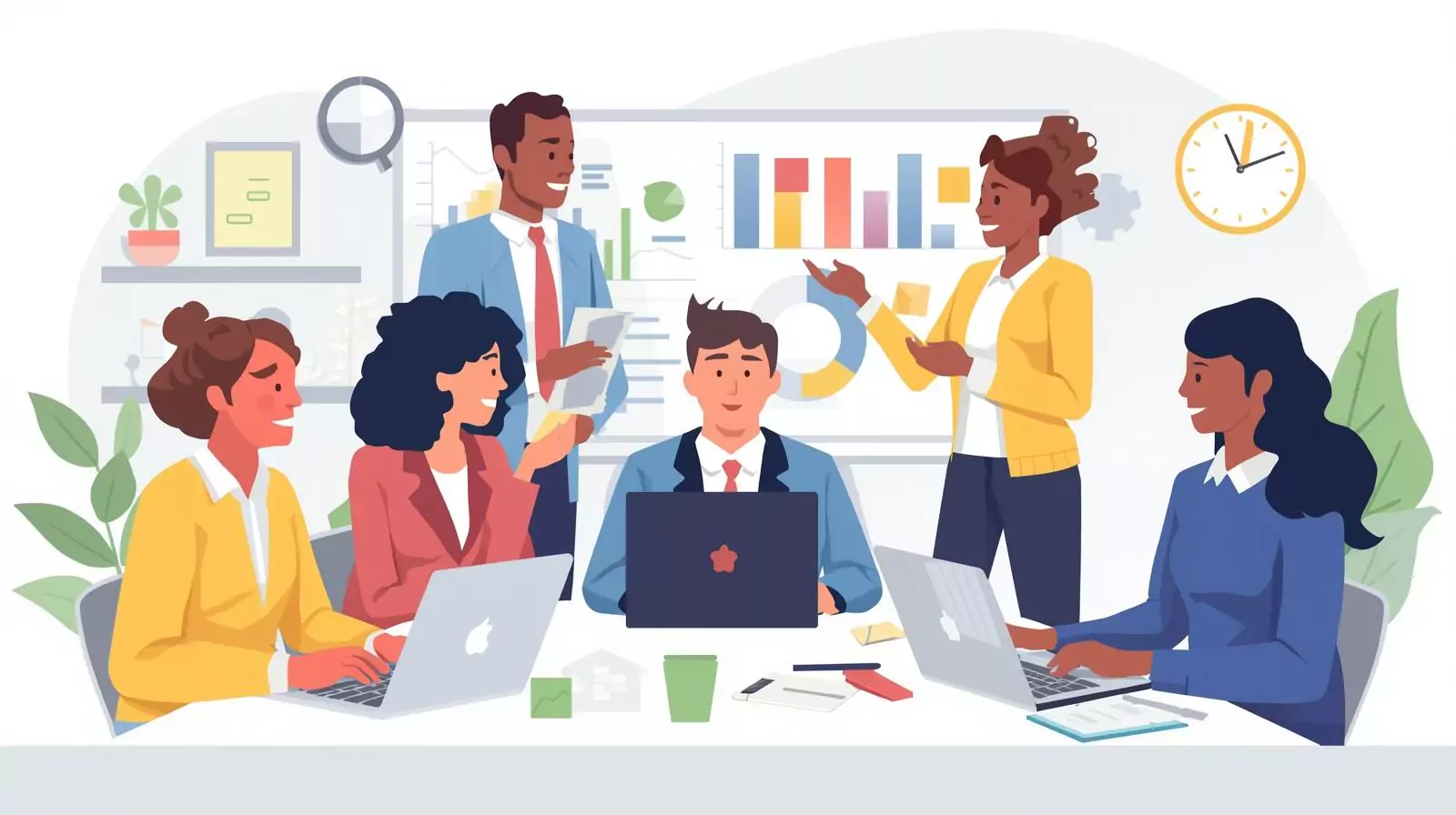 Team collaborating on project management with dashboards and charts in a modern office