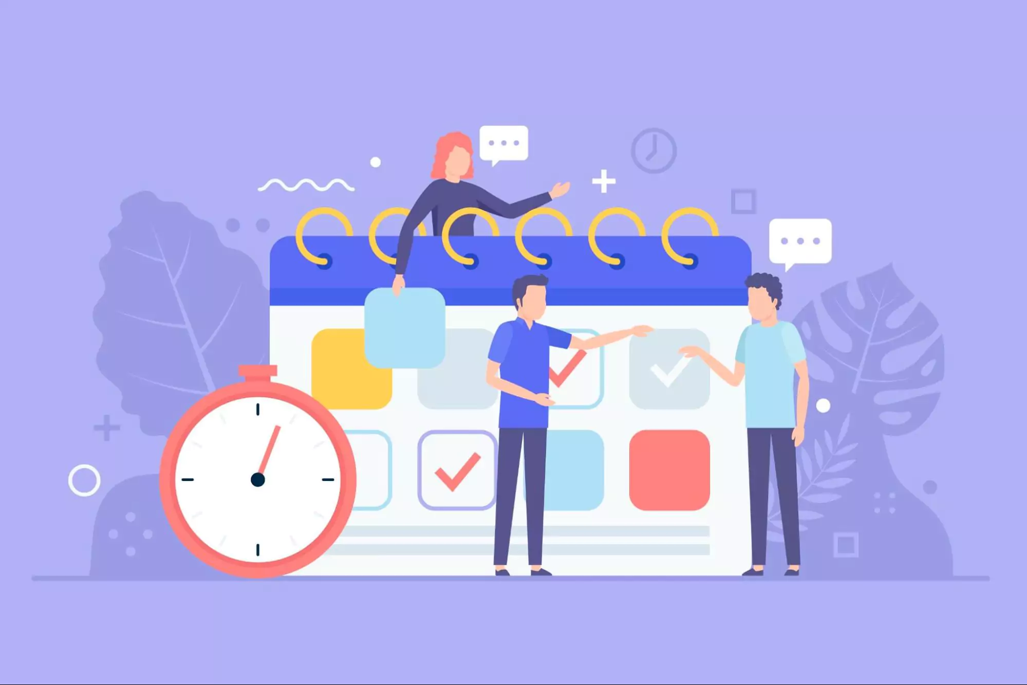 Illustration of coworkers working together on project planning and time management software.