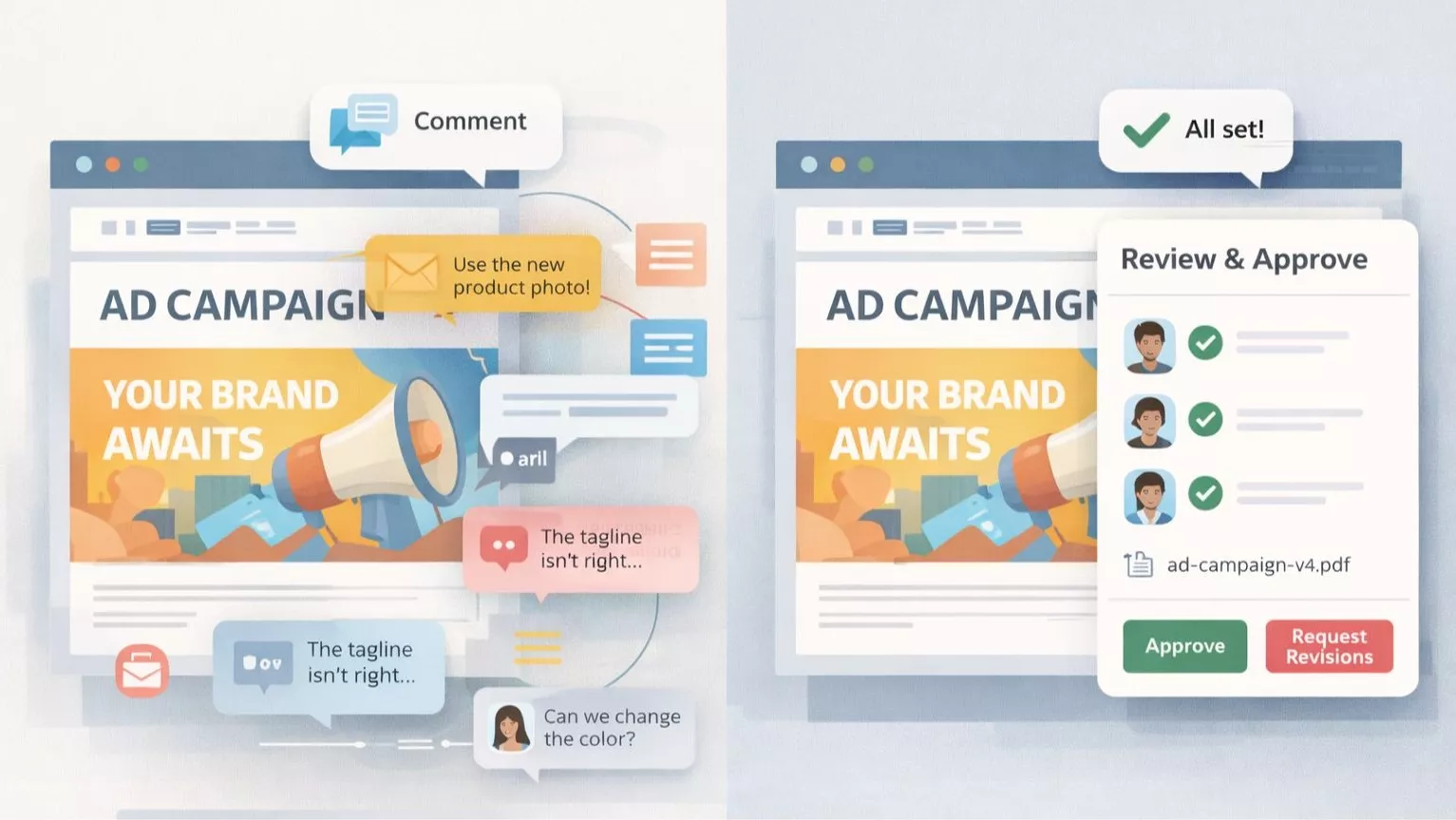 Centralized client feedback and approval workflow in advertising agency project management software.