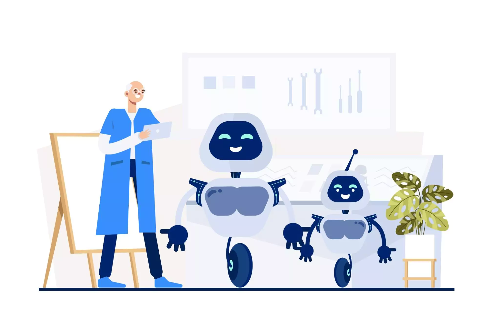 Illustration of a project manager experimenting with AI robots.